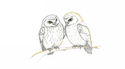 Fototapeta premium Hand-drawn sketch of two owls on branch, Ornithology, zoo, wildlife, Biology, Nature conservation, Infographics, Loyalty, affection, Partnerships, Long-term relationships, Caring for a partner,