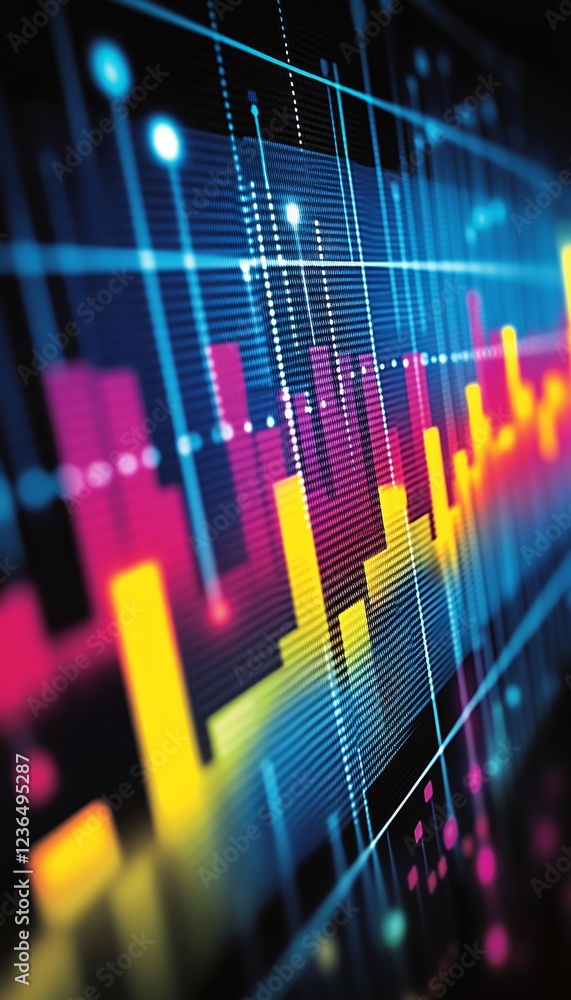 Poster vibrant financial data visualization, vertical bar chart with dynamic line graphs on dark background