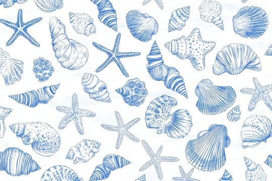 A seamless pattern of hand drawn blue line art seashells, starfish and corals on a white background