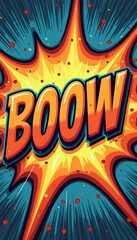 Fototapeta premium A vibrant comic book explosion bursts forth, featuring the word BOOW in striking orange and yellow hues. This eye-catching design radiates energy and excitement, perfect for conveying action and