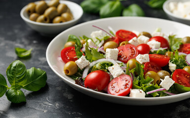 Fresh Mediterranean salad with feta cheese, tomato, olives, onion and basil leaves, Healthy food