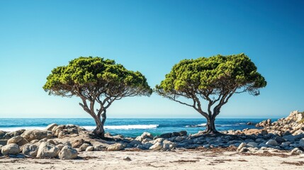 Two beautiful trees on the edge of an ocean beach, surrounded by rocks and with a clear blue sky. Stunning nature photography. 