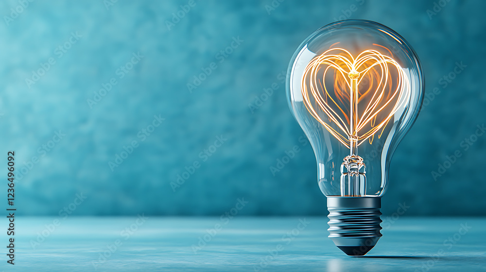 Poster inspiring illumination heart-shaped light bulb in serene setting artistic display optimistic vibe