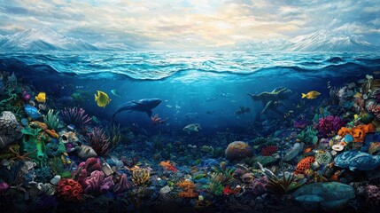 Fototapeta premium Vibrant Underwater Scene with Marine Life and Coral Reef Ecosystem