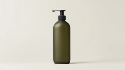 Fototapeta premium A minimalistic matte frosted glass soap bottle with a black pump. The design is simple and has a modern look, with an olive green color.