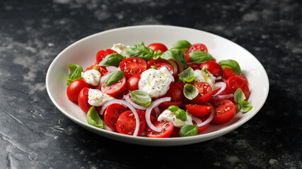 Ricotta cheese salad with cherry tomatoes, onion and basil. Healthy food