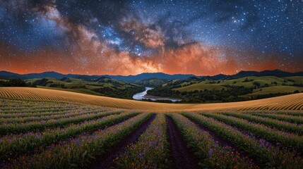 Scenic Night Sky Over Colorful Fields and Calm River Landscape