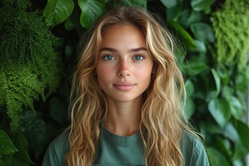 Fototapeta premium Young woman poses with confidence against a lush green backdrop in a vibrant setting