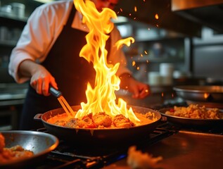 Chef flambéing dish in a pan in restaurant kitchen