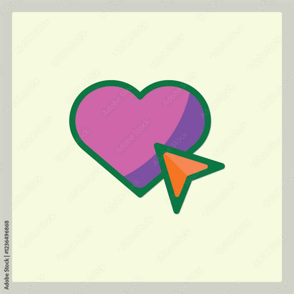 Poster stylized heart icon with a cursor pointer, rendered with flat design aesthetic and vibrant color pal