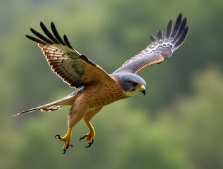 Fototapeta premium Red-footed falcon diving with open wings and talons ready to catch prey