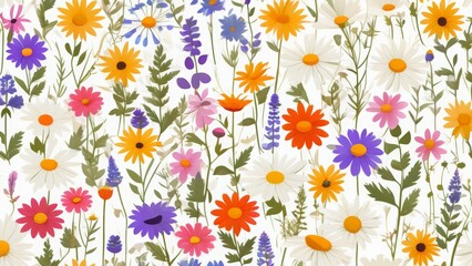 Minimalistic floral pattern with multicolored flat flowers on a clean white background. Simple and elegant botanical design, ideal for prints, packaging, stationery, and fabric