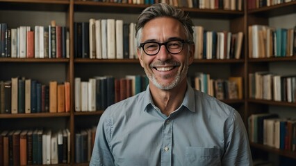 A friendly bookseller stands in his cozy bookstore, smiling warmly at the camera. Surrounded by bookshelves, he embodies literature, knowledge, and a passion for reading.