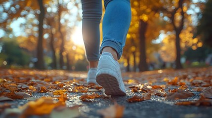 A wide-angle shot of a person wearing an insulin pump while walking in a park, with a neutral background and copy space.