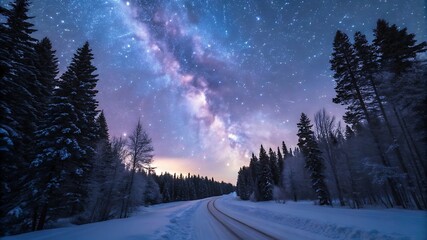Fototapeta premium Winter Road Under Starry Milky Way Sky – Snowy Landscape with Cosmic Beauty