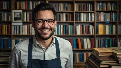 Enthusiastic and handsome bookstore owner standing among bookshelves filled with novels, history books, and educational materials. A symbol of retail success, reading, and literary appreciation.
