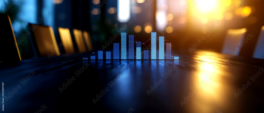 Poster dynamic office interior with data visualization urban setting digital content modern environment wid