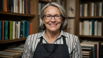 Female librarian in a bookstore, standing confidently among books. Perfect stock image for education, literature, and retail projects.