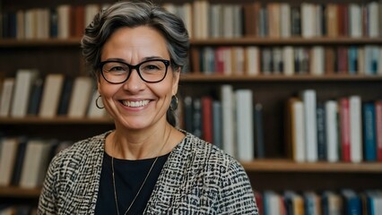 Friendly bookstore worker looking straight at the camera, standing among books. Ideal stock image for reading, literature, and retail businesses.