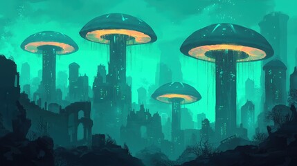 Futuristic Cityscape with Floating Jellyfish Structures at Night
