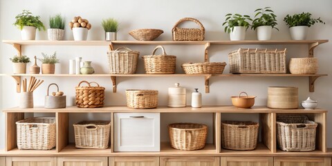 Refined kitchen storage with wicker baskets in a neutral color palette