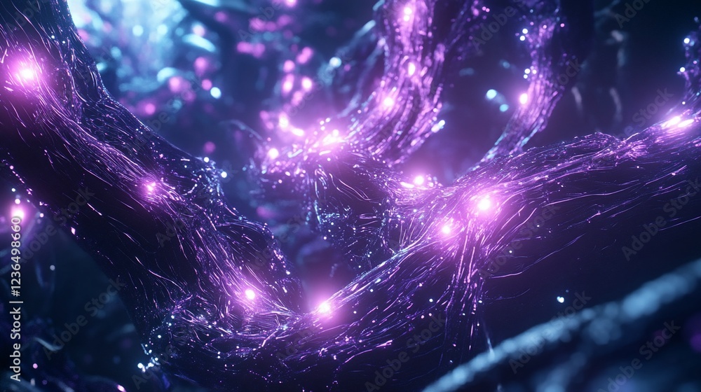 Poster abstract glowing network of interconnected purple lines and orbs with dark background