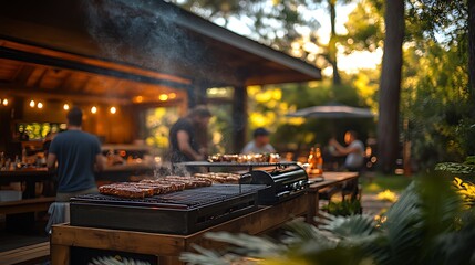 Backyard grilling, friends gather, sunset, forest, summer party