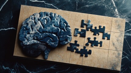 This artistic representation depicts a brain puzzle on a wooden surface, symbolizing the complexity and interconnectivity of human thought processes and emotions.