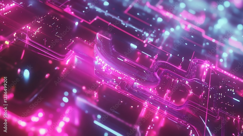 Poster futuristic circuit board design with glowing lines and points in magenta and light blue