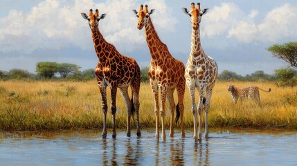 Obraz premium Three Giraffes by Waterhole with Leopard in Savanna Landscape
