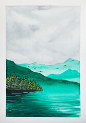 watercolor background landscape with forest and mountains