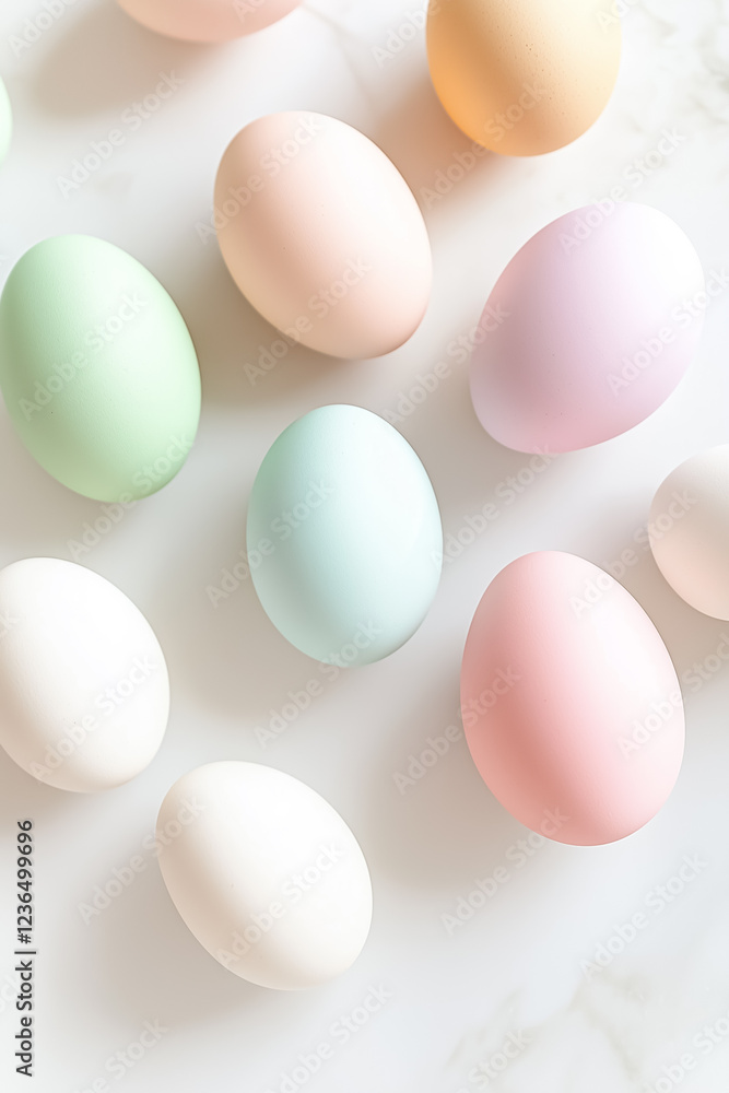 Poster a collection of pastel-colored easter eggs set on a clean and uncluttered white surface, creating a 