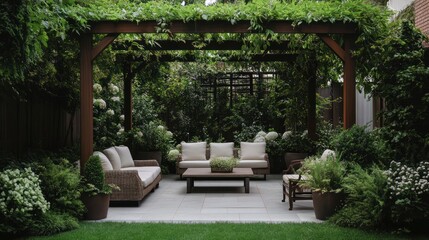 Serene Garden Patio with Pergola and Lush Greenery