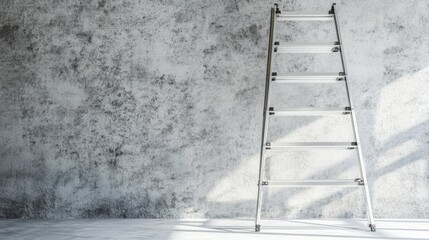 Aluminium ladder in a room under construction works Repair process in an empty bright room Empty interior for design gray concrete wall