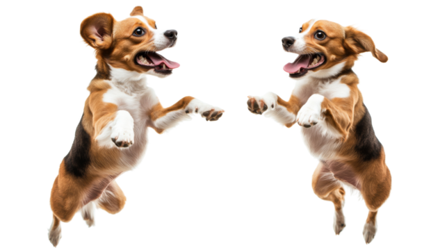 Two beagle dogs jumping and playing on transparent background