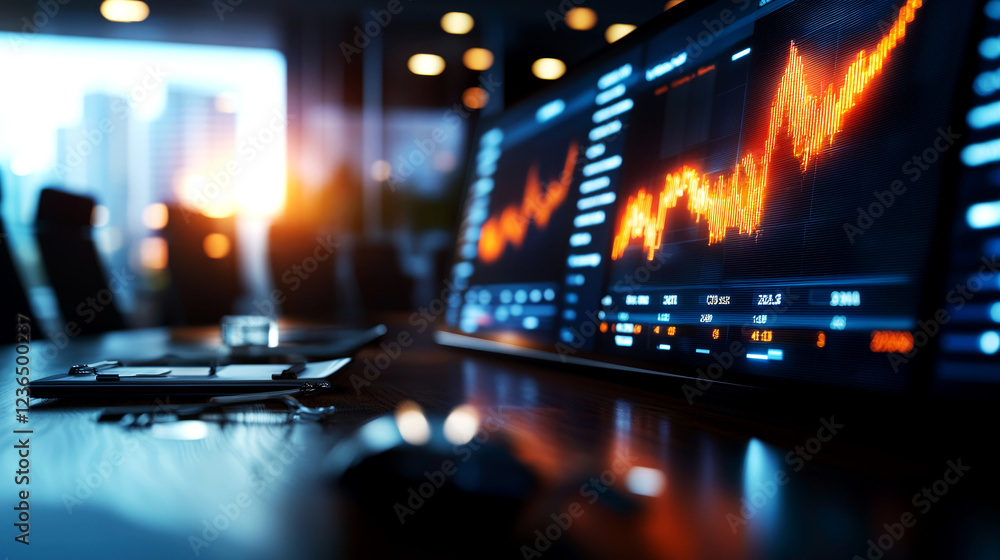 Poster dynamic office interior with financial data visualizations urban setting digital workspace modern de