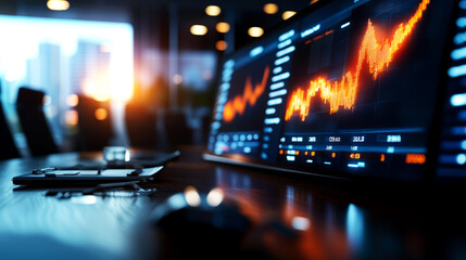 Dynamic office interior with financial data visualizations urban setting digital workspace modern design professional environment