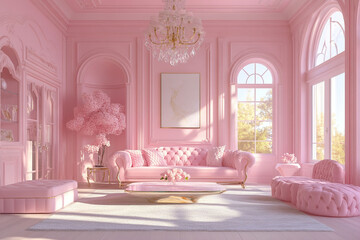 Luxurious pink living room with plush sofas, a dazzling chandelier, and elegant gold accents