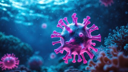 Vibrant Microscopic View of a Virus in an Abstract Ocean Environment