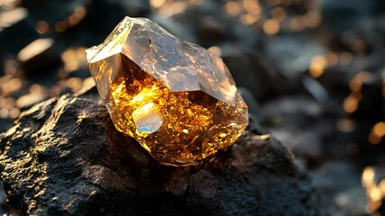 Golden nugget resting on dark rocks, illuminated by warm sunlight.  Detailed close-up showcasing its crystalline structure and amber hues - Powered by Adobe