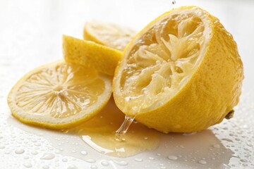 Fresh Lemon Slices with Juice Dripping on Wet Surface - Perfect for Culinary and Beverage Use