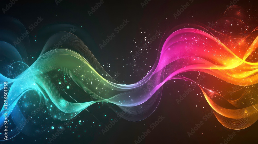 Poster abstract colorful wave with glowing particles.