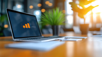 Dynamic office interior with laptop on desk modern workspace bright environment inspiring viewpoint digital productivity concept