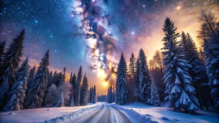 Fototapeta premium Winter Road Under Starry Milky Way Sky – Snowy Landscape with Cosmic Beauty