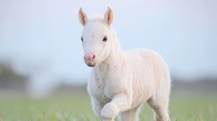 Obraz premium White foal in pasture, running towards camera, blurred background, ideal for children's books