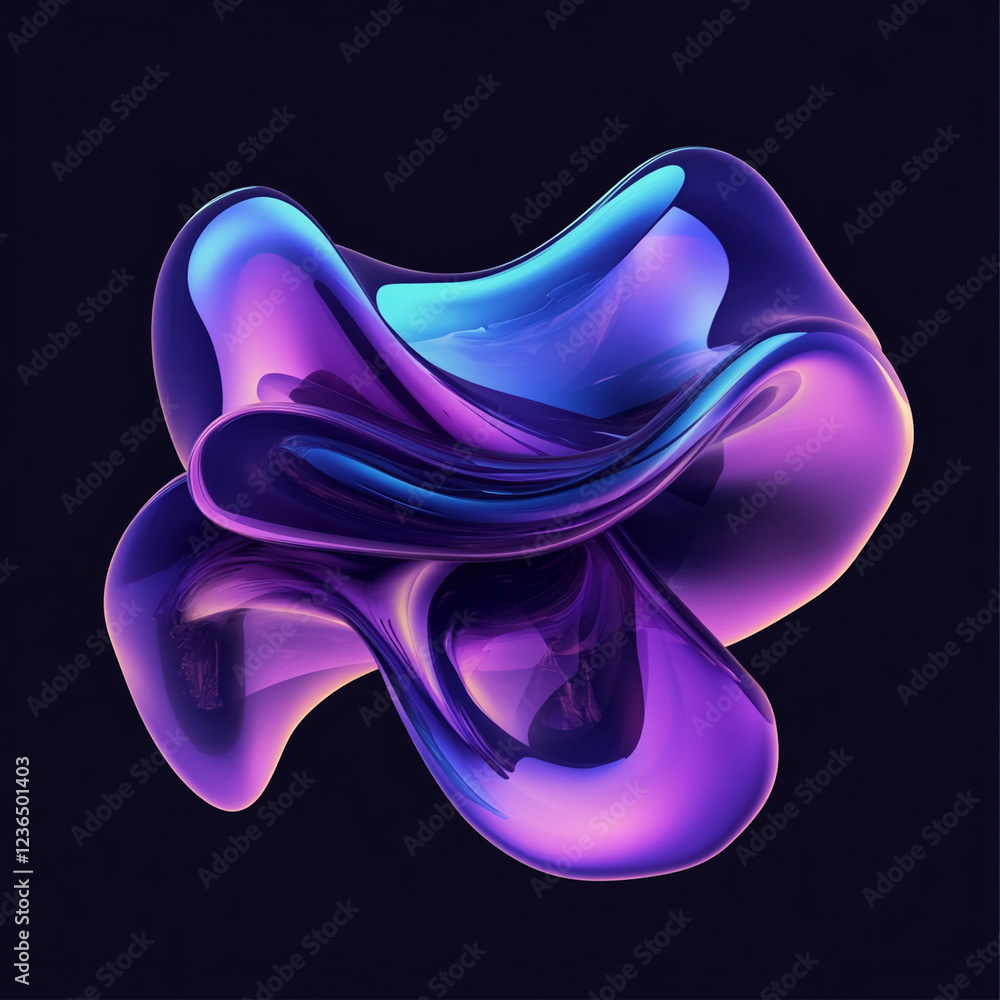 Poster a vibrant 3d digital rendering of fluid shapes in purple and blue tones on a dark background. this a