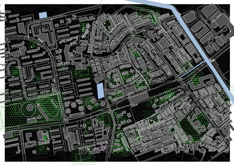 a street map and buildings of a city with a black  theme