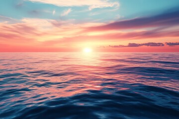 Obraz premium Serene Sunset Over Tranquil Ocean Waters. Pink And Orange Hues Paint The Sky, Reflecting On The Calm Sea.