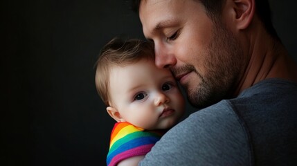 National rainbow baby day Father holding his little child against dark background closeup Space for text