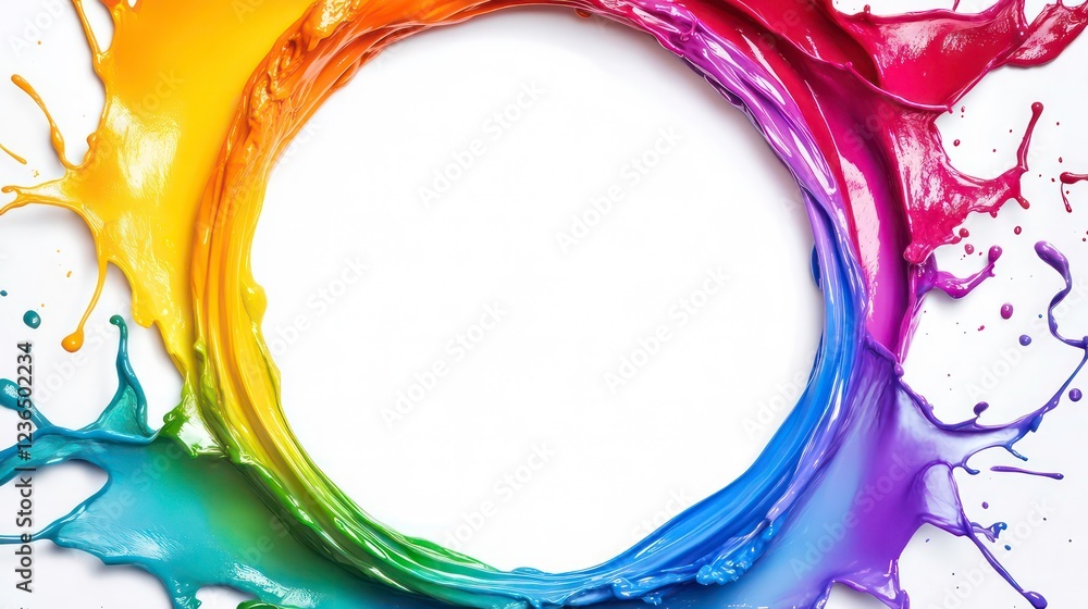 Poster vibrant rainbow paint splashes forming a circular frame with a white center.